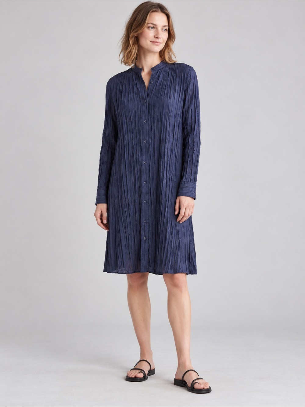 Eileen Fisher Crushed Silk Shirt Dress Women Midnight Navy Band Collar XXS NWT